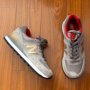 New Balance Gray Hairy Suede & Red Rose 574 Sneakers